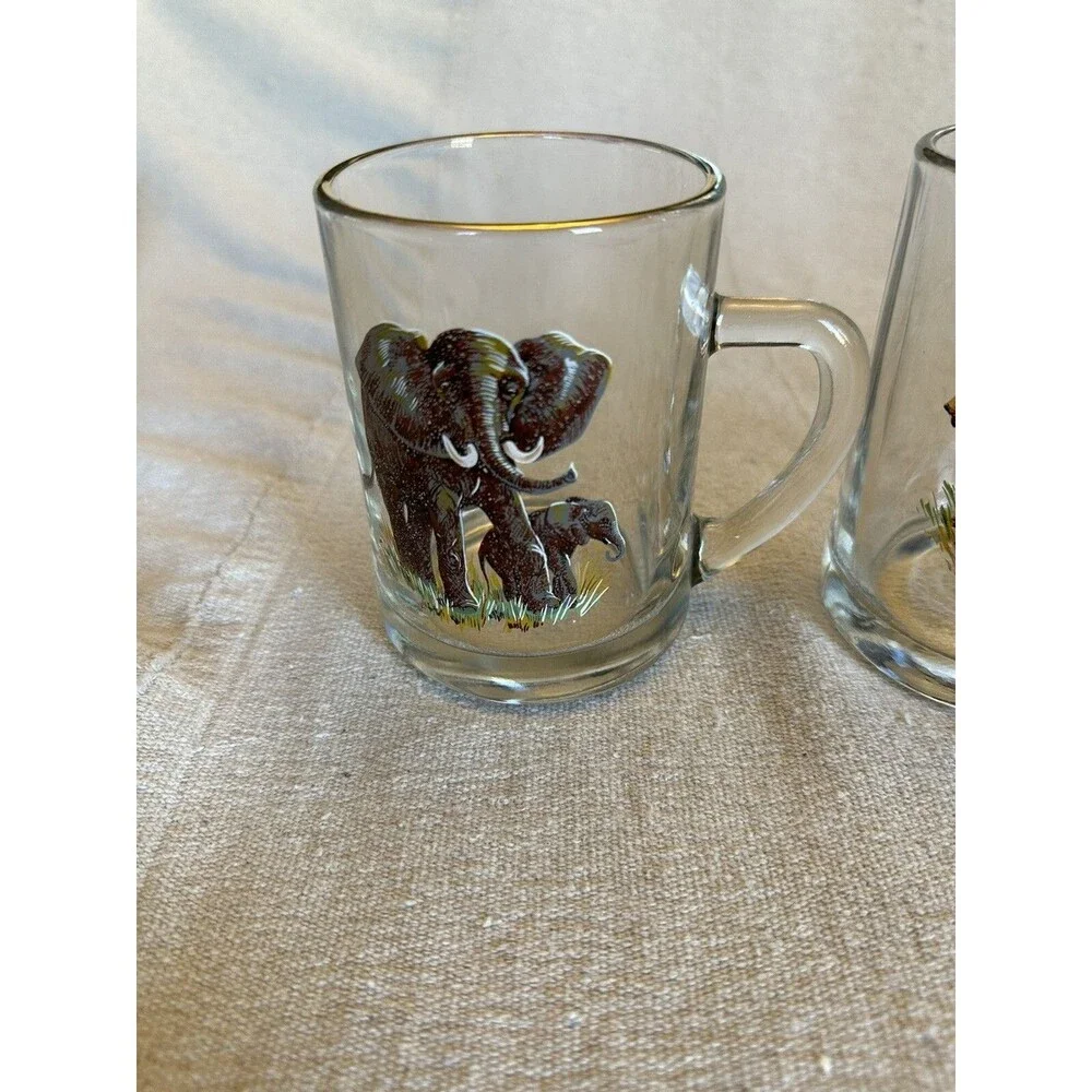 Beer Cocktail Mug Stein Glass Antelope, 2 Elephant and Lion, w/babies set of 4